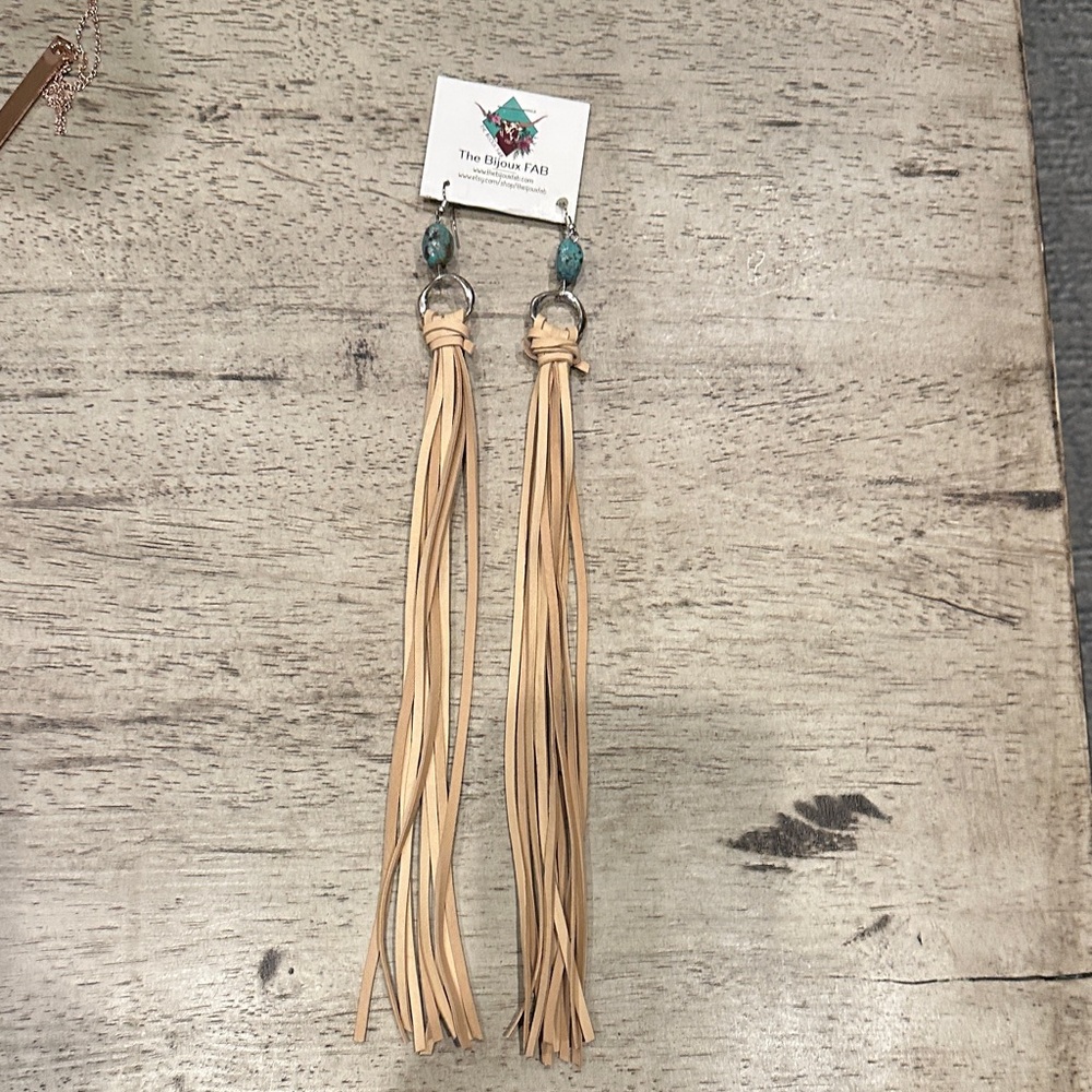 Tan Tassel Earrings 10” leather tassel